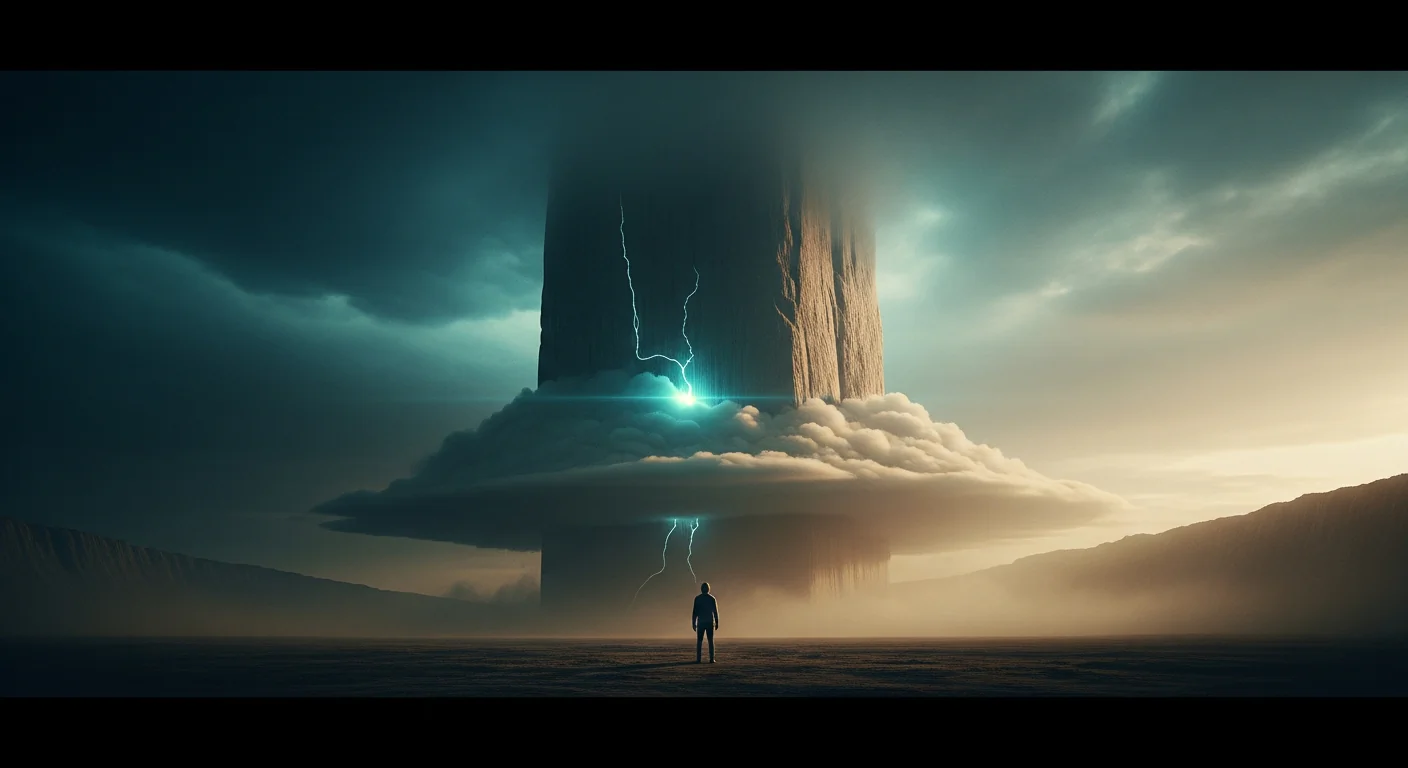 A solitary human figure stands dwarfed by a colossal, monolith-like storm cloud that pulses with a faint, unnatural electrical glow. The scene is set in a vast, desolate landscape where the horizon is swallowed by an encroaching wall of dust and shadow. Photorealistic cinematic still frame with film-grade teal and amber color grading. Dramatic lighting with soft, heavy shadows and a subtle luminescence. A heavy, contemplative, and ominous atmosphere. Wide cinematic shot with a shallow depth of field. Single unified composition, no split-screen, no diptych, no collage.